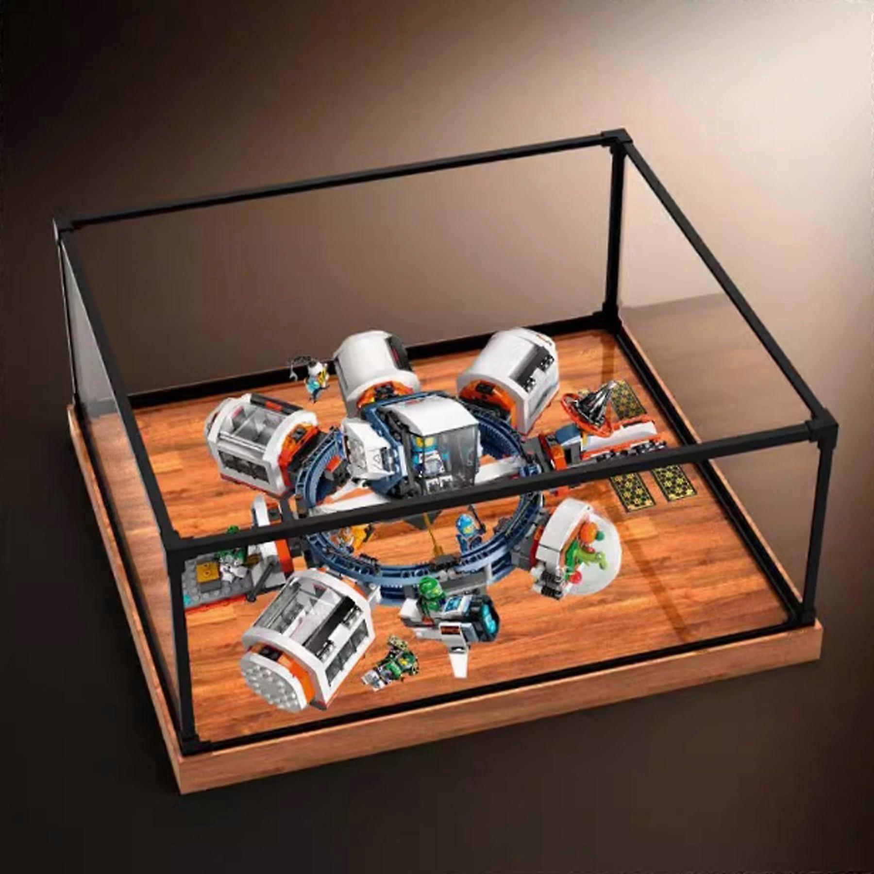 Display Case for  60433 Modular Space Station, Clear Dustproof Acrylic Box with Wood Base