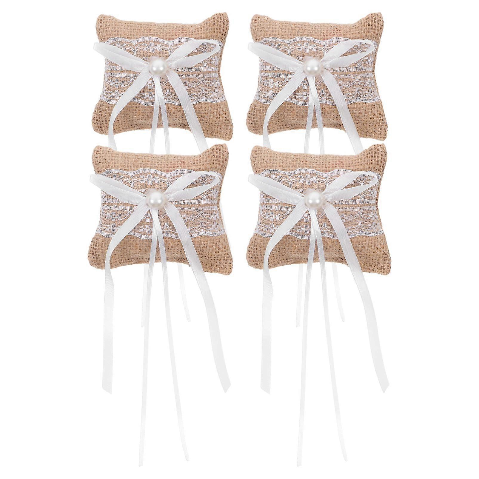 Wedding Ring Pillow Set Rustic Burlap Lace Secure Holder for Ceremony Proposal Photography