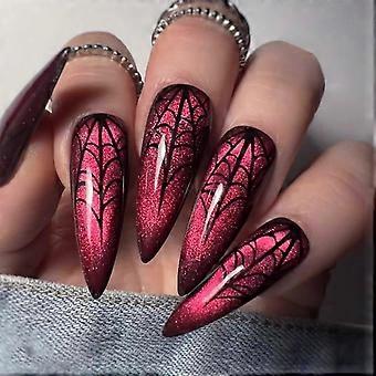 24PCS Halloween Press On Nails Long Stiletto Fake Nails Spider Web Design Red Acrylic for Women