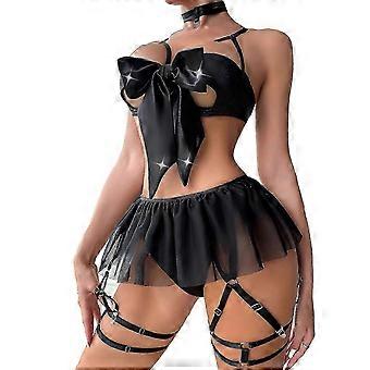 Womens Sexy Lace up Panty Bodysuit Nightgown Suit Spaghetti Strap Lingerie Outfits Sleepwear Pajamas with Garter Belts