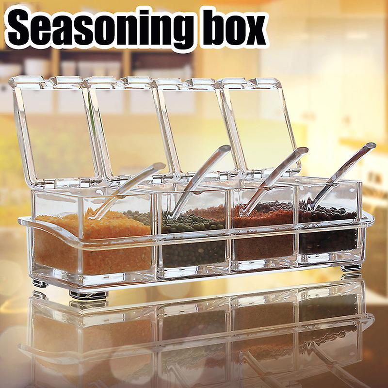 Seasoning Box With Spoon 4 Compartments Multi-grid Spice Storage Container Storage Tool