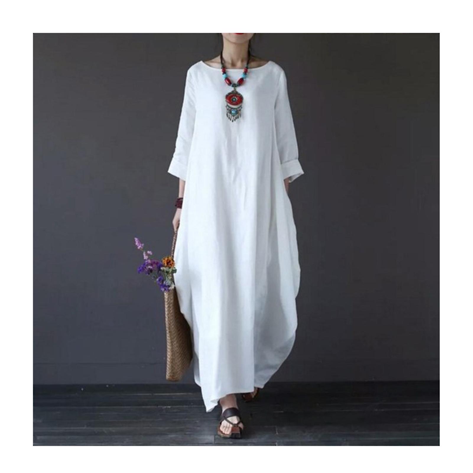 Sommerkleid für Frauen Langärmeliges langes Baumwoll-Leinen-Langkleid