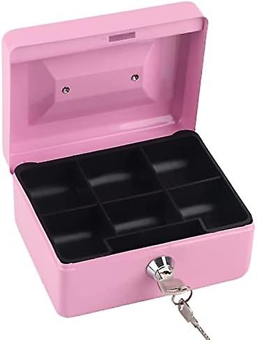 Small Coin Cash Box with Key Lock Portable Double Layer Steel Lockable Coin Storage Box (Pink)