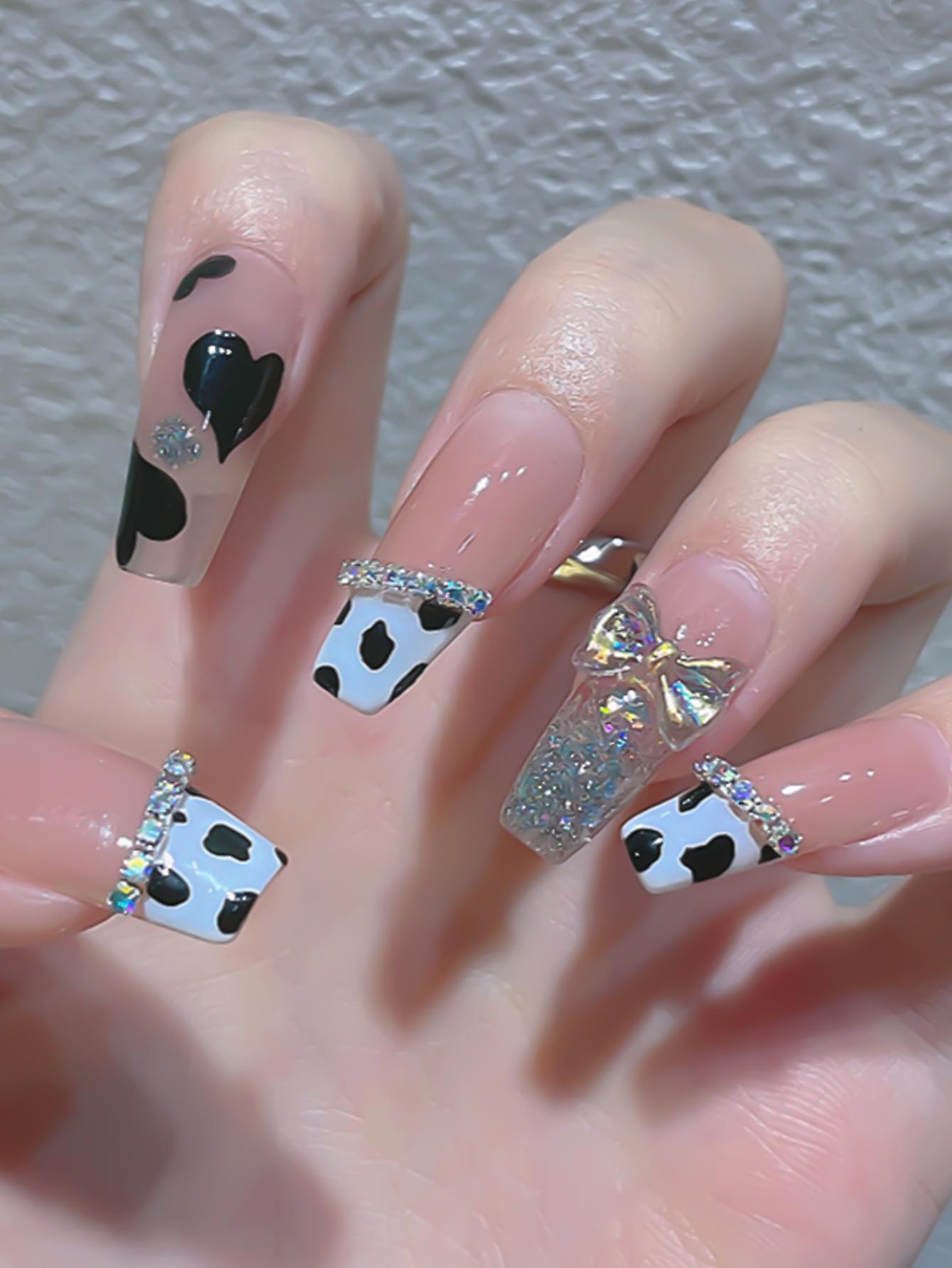 24pcs Cow Pattern Nail Patch Glue Type Removable Long Paragraph Fashion Manicure  False Nail Patch