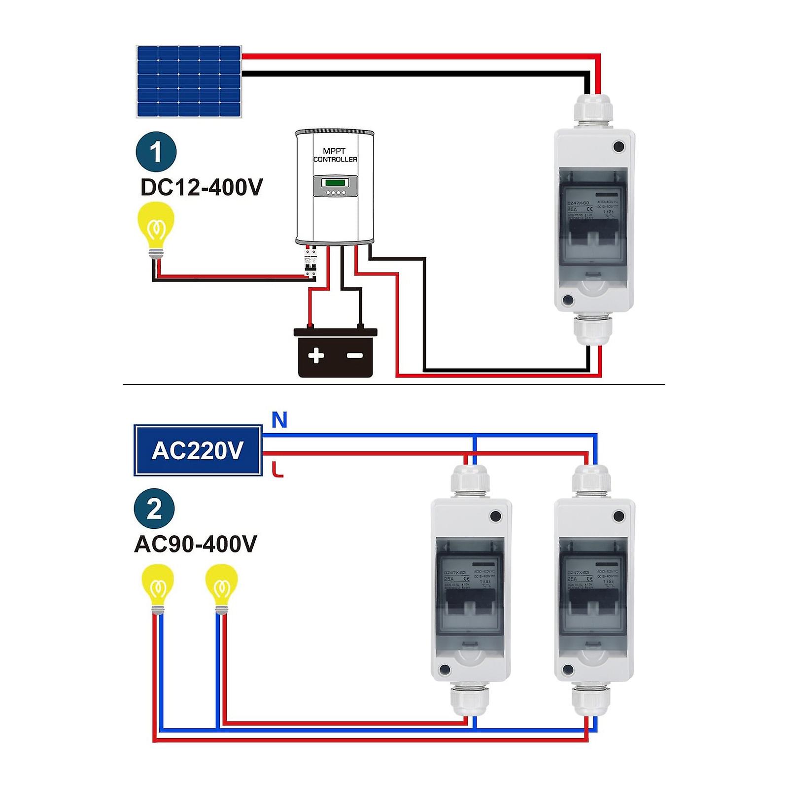 DC Miniature Circuit Breaker 2P 25A DC12V‑400V AC90‑400V Disconnecting Switch IP65 Waterproof for Solar PV System
