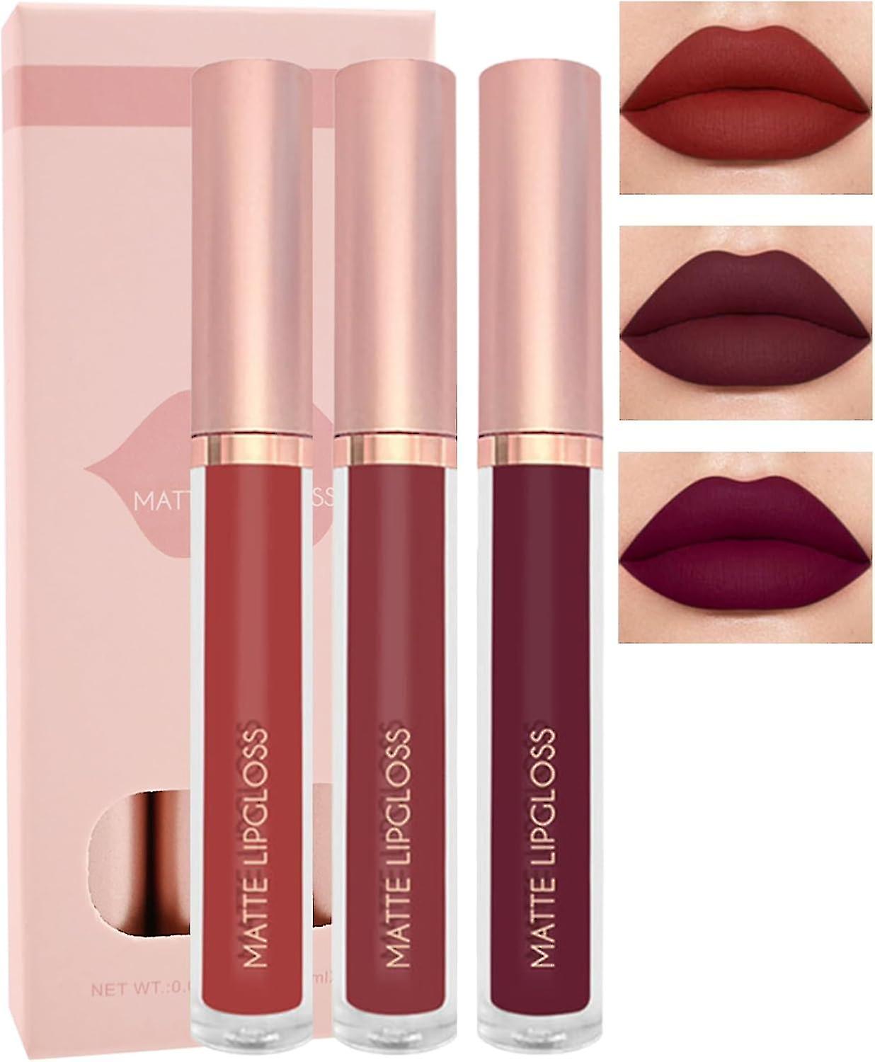 3pcs Matte Liquid Lipstick Set, High Pigmented Lip Stain Tint, Long Lasting 24h Red Lipstick, Waterproof Non-stick Cup Velvet Lip Gloss