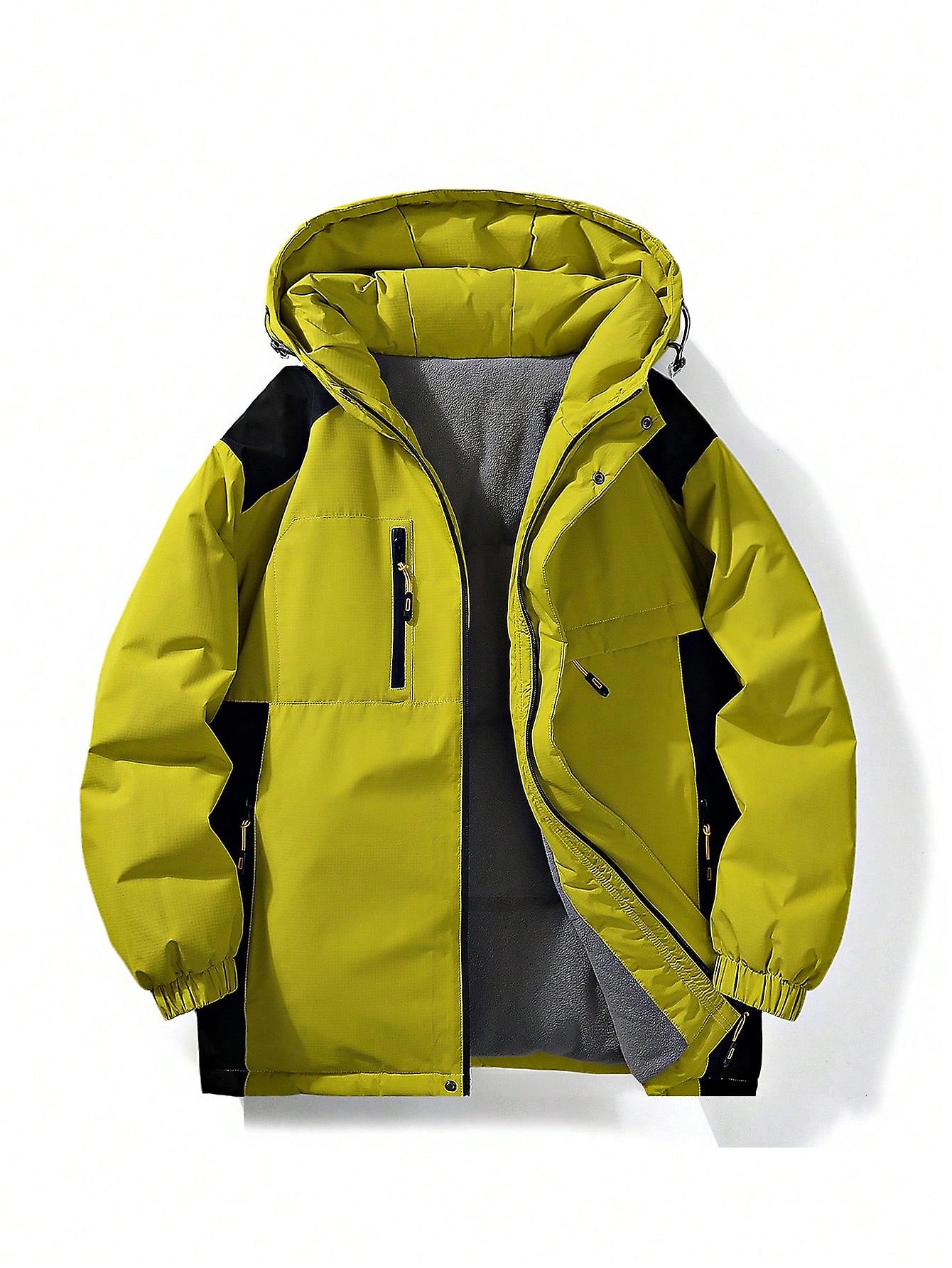 Men Colorblock Drawstring Hooded Winter Coat