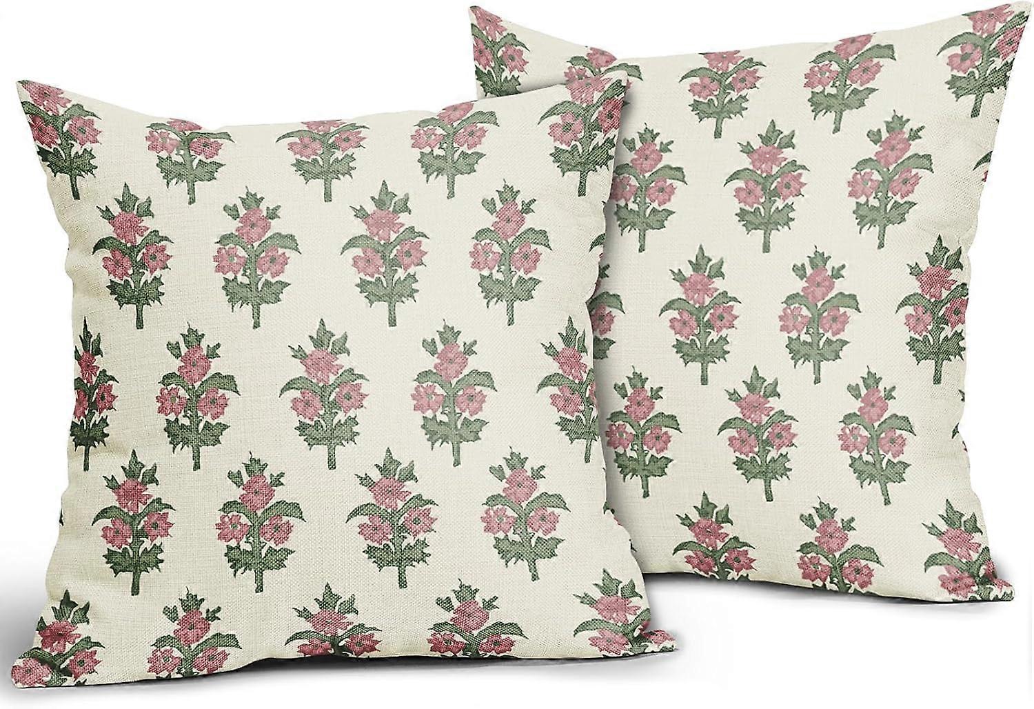Adaçayı Yeşili Pembe Çiçekli Yastık Kılıfları 16x16 2'li Set Bahar Çiçek Yaprakları Baskı Dekoratif Atma Yastık Kılıfları Dış Mekan Çiftlik Dekorasyonu Koltuk Odası için