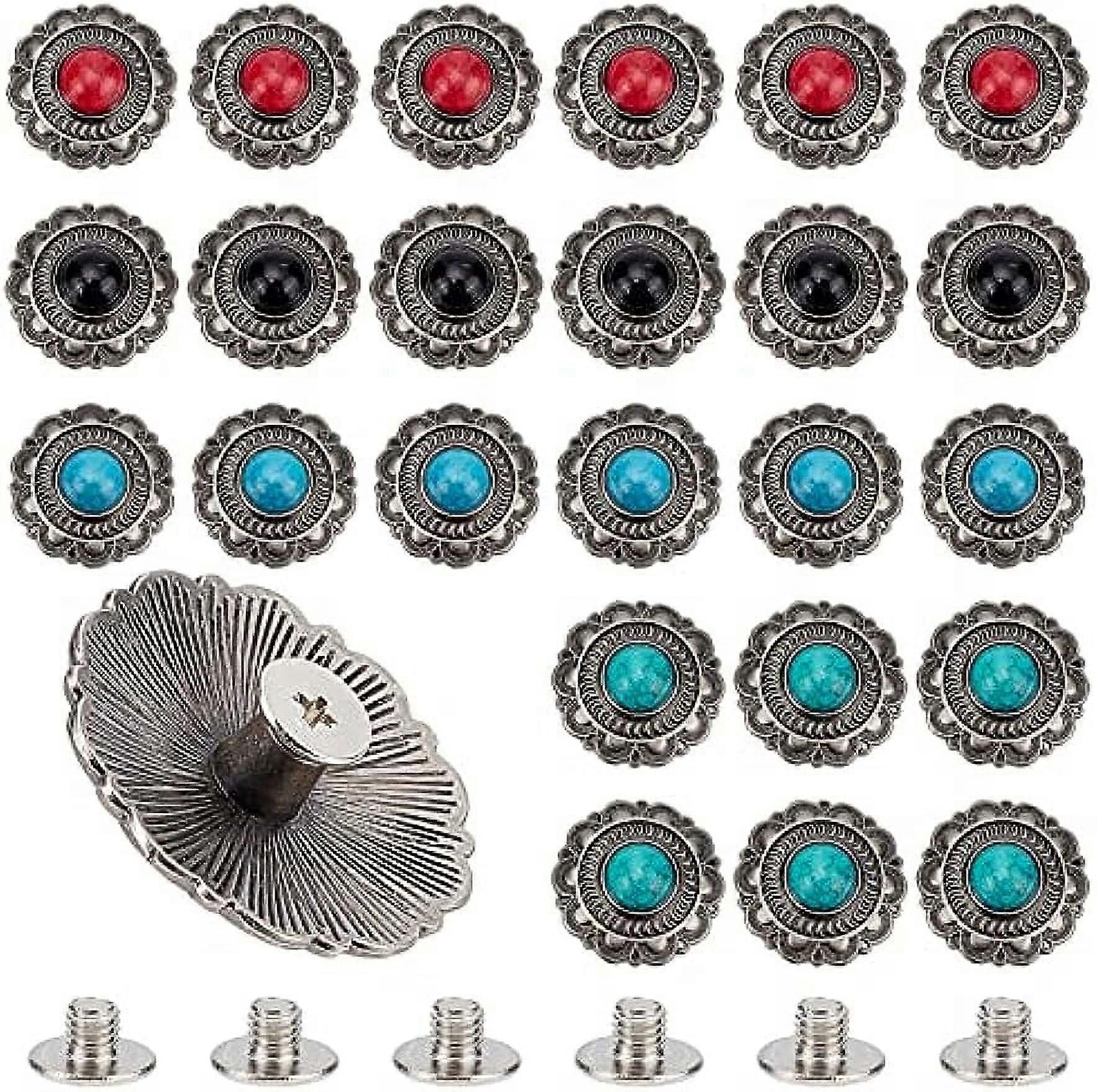24 Sets Sun Flower Decorative Buckle with Screws Back Vintage Synthetic Turquoise Conchos Buttons Round Shape Leather Decorative Buckle for DIY Craft