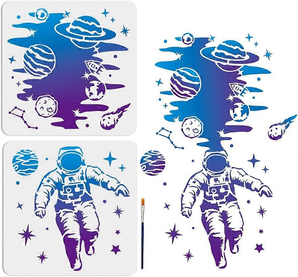 2pcs Astronaut Planet Stencil 1522.5inch Splicing Size Large Space Theme Template with Paint Brush 11.811.8inch Astronauts Stars Moon Drawing Stencil 