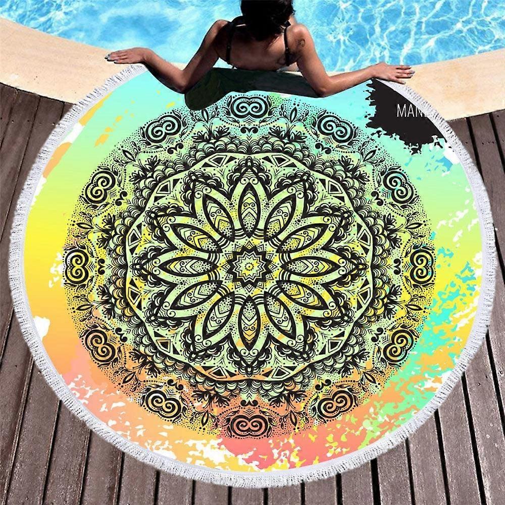 Beach Towel 150 x 150cm Thick Round Beach Towel Oversized Blanket Microfiber Fabric with Fringe Fringe Mandala Pattern Black Green Print Thick Circle