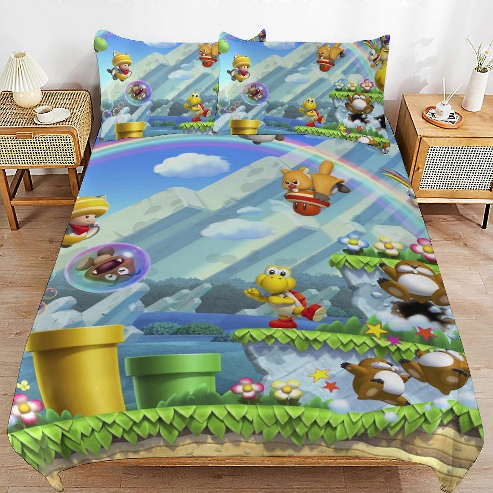 Sängkläder ZM536 Super Mario 3-delat täcke, Mjukt påslakanset i mikrofiber med dragkedja, 1 påslakan + 2 örngott TS536