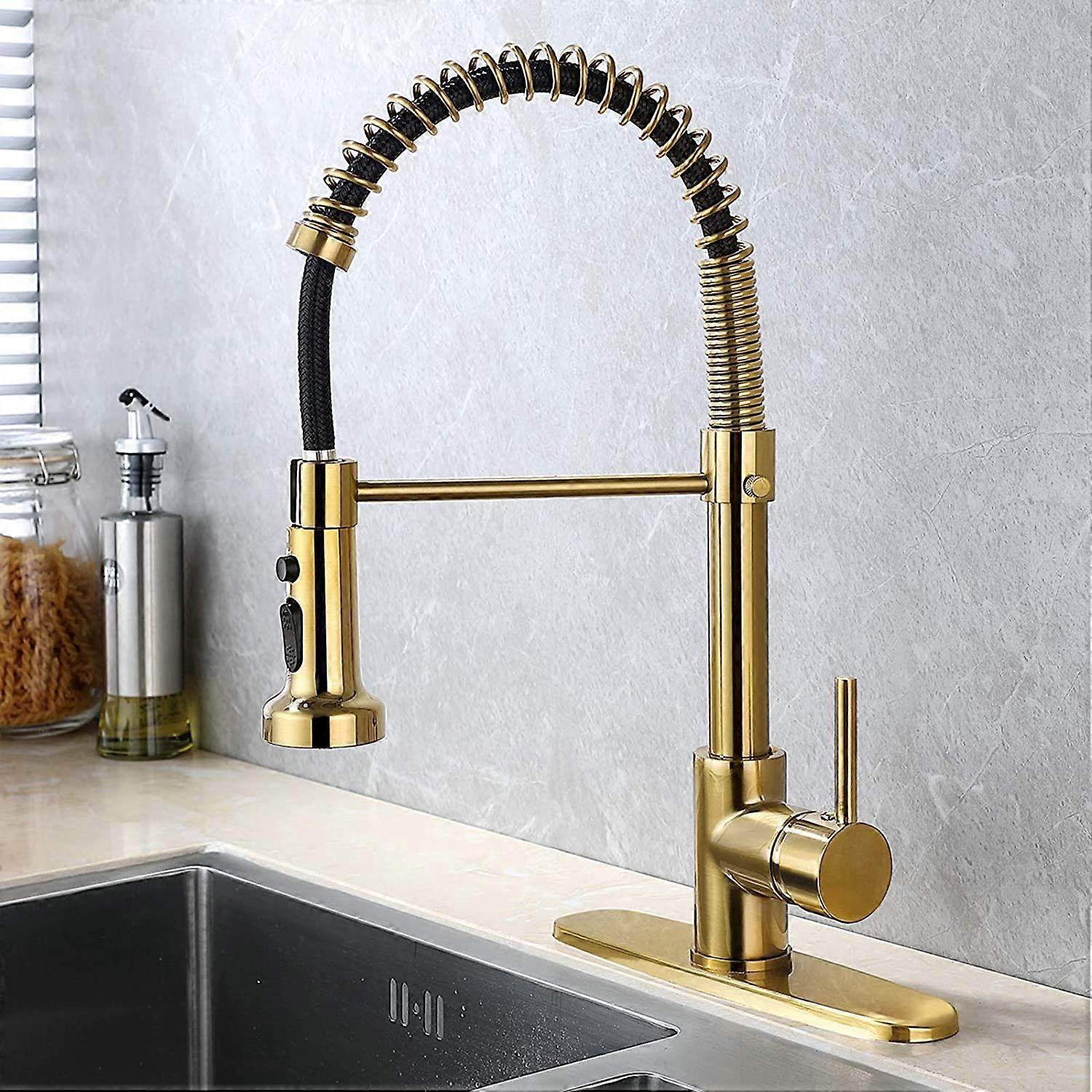 Brushed Gold Kitchen Faucet with 3 Function Pull Down Sprayer, High-Arc Single Handle Single Lever Spring Kitchen Sink Faucet
