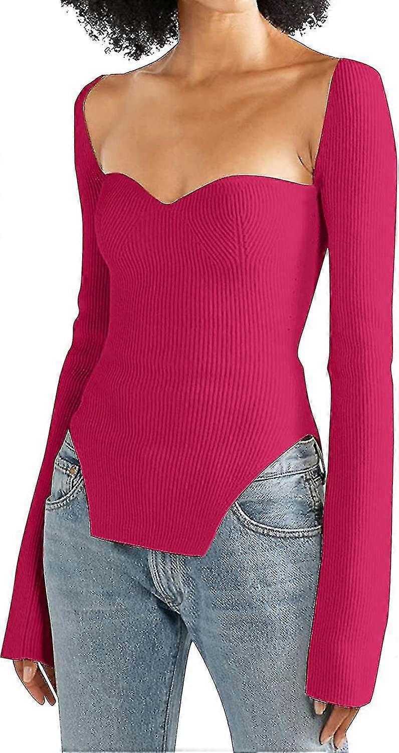 Frauen Square Sweetheart Neck Asymmetrischer Saum Strick Pullover Solid Long Sleeve Slim Fit Strick Pullover Pullover Pullover Tops
