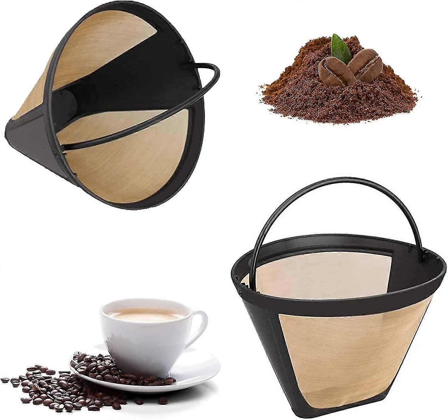 2 Pieces Reusable Coffee Filter, Permanent Filter, Universal Coffee Maker Filter, 100 Mesh Coffee Filter, 304 Stainless Steel, With Handle, 12cm(Gold)