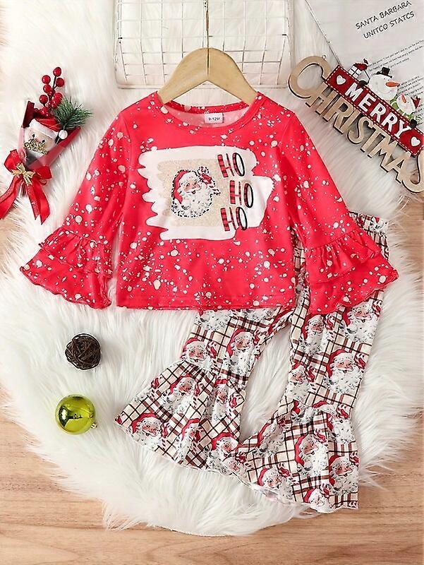 2 Baby Kids Fall Christmas Green Sulley With Long Sleeves + Leopard Print Vintage Flared PantsuitsKIDS Outfit Sets