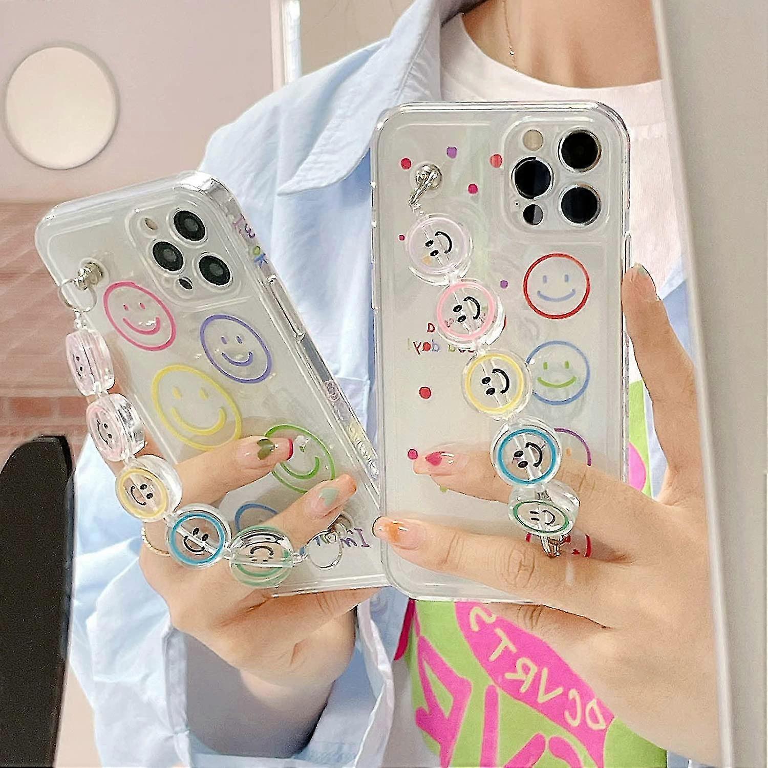 Smiley Face Clear Phone Case With Chain Compatible With Iphone 13 Pro Max/13 Pro/13/12 Pro Max/11 Pro Max Bracelet Kawaii