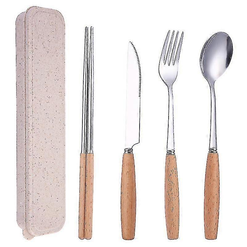 Portable Utensils Set With Case-4 Pieces Wood Handle Reusable Flatware Set Fork Spoon Stainless Ste