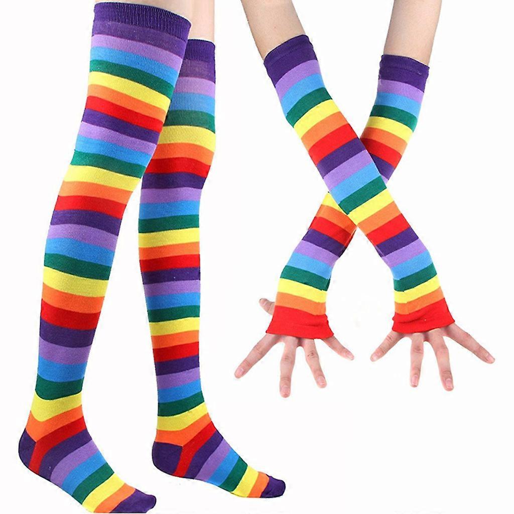 unbrand Femmes Rainbow Striped Thigh High Chaussettes Longues Chauffe-bras Gants Sans Doigts Set