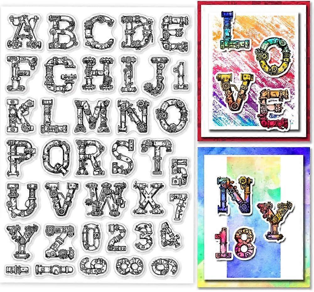 Retro Alphabet Number Clear Stamp for Card Making Gear Alphabet Silicone Clear Stamp 21x14.8cm Steampunk Number Transparent Clear Stamp Seal for DIY S