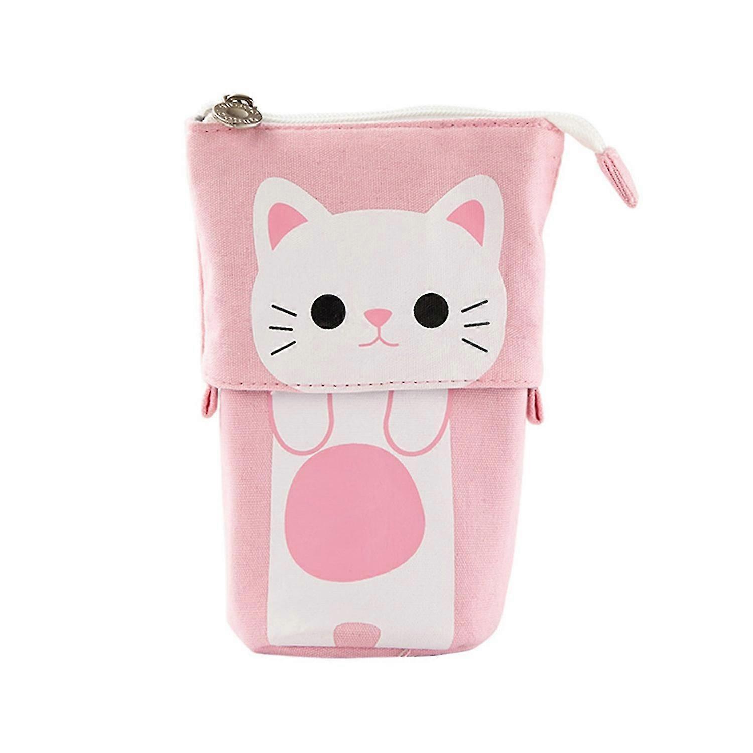 Cute Pencil Box Bag Retractable Design Canvas Pencil Case Cute Cat Pattern Fold Standing Holder Stat