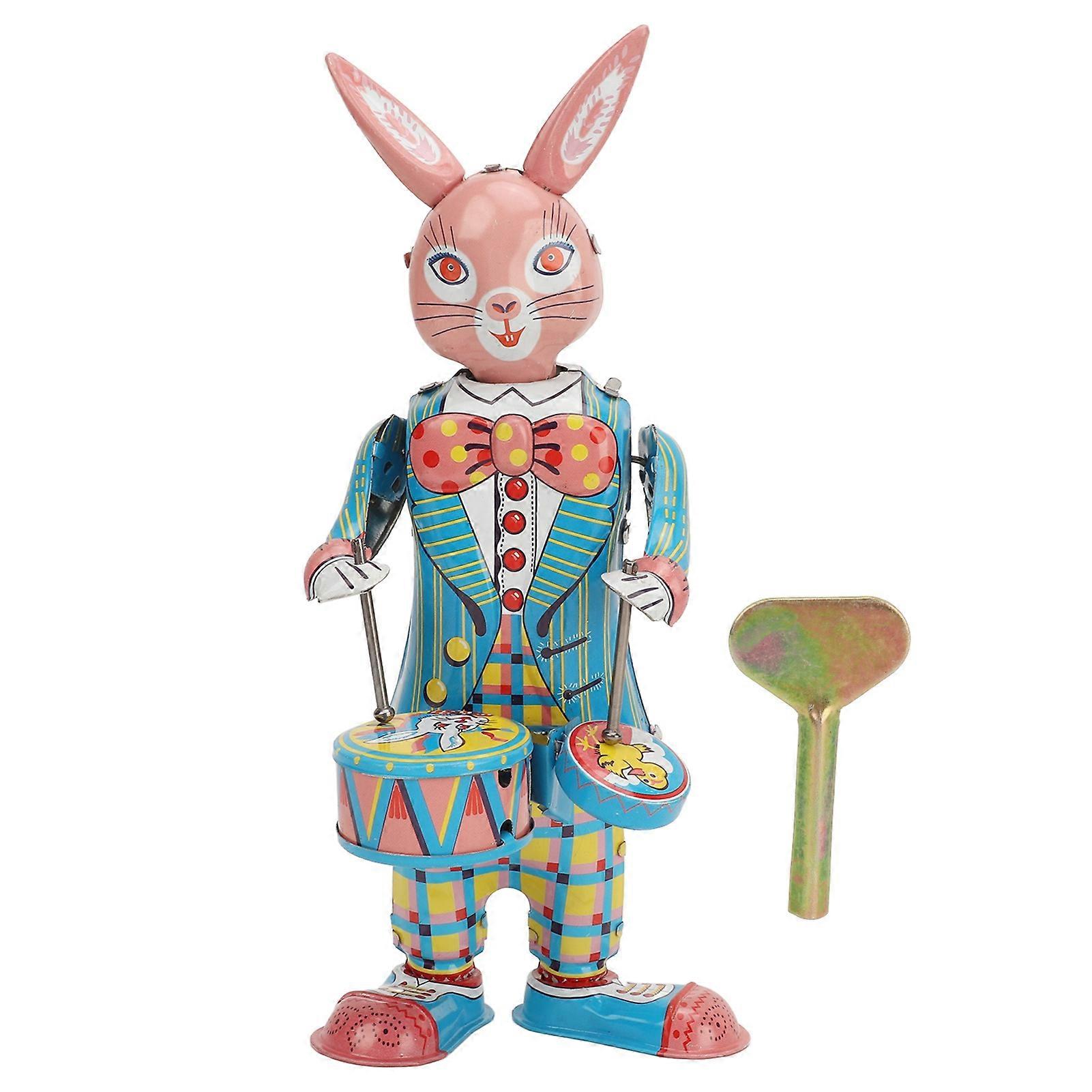 Rabbit Clockwork Toy Retro Metal Swinging Drumming Rabbit Wind Up Toys for Gift Collection Decoration