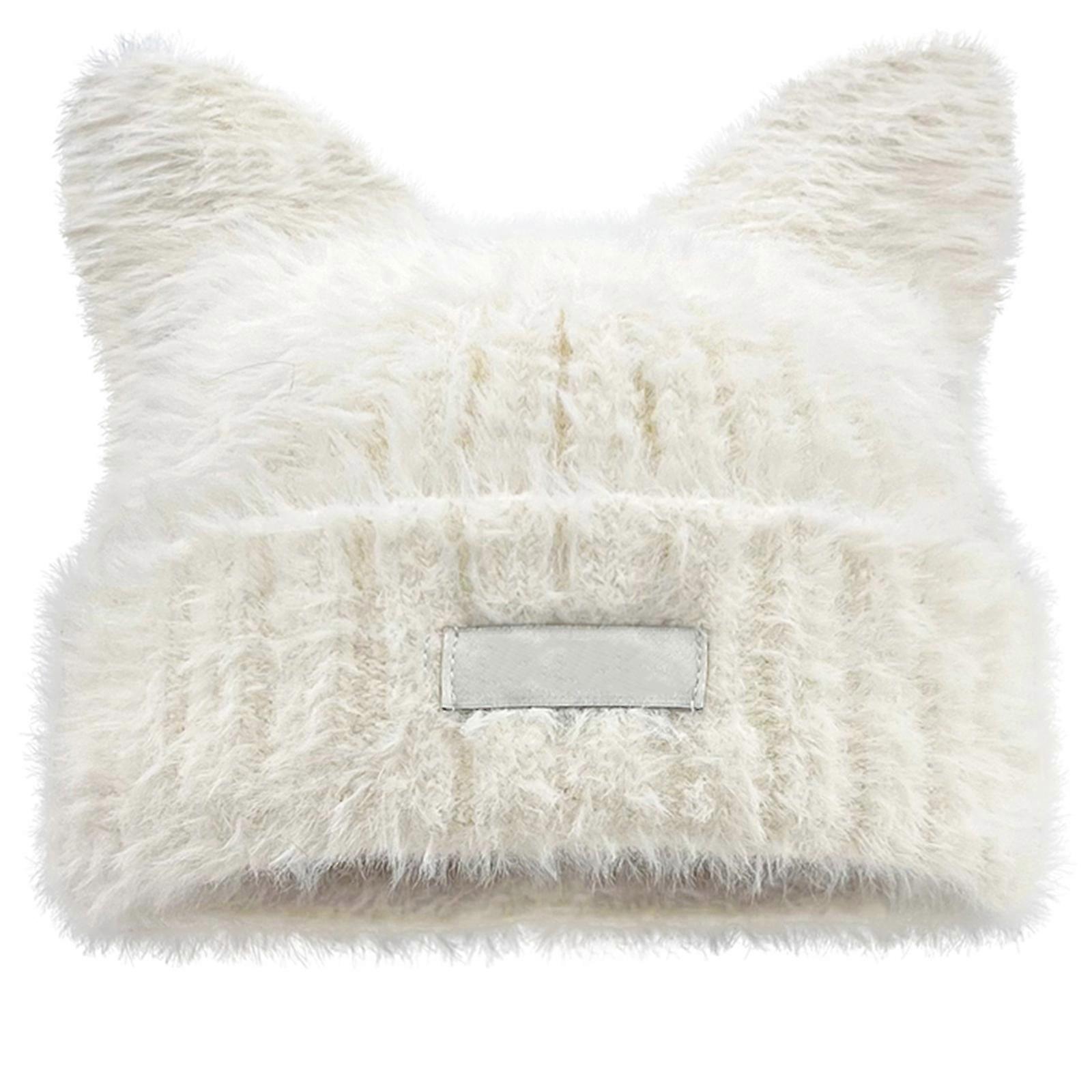 Cats Ear Pattern Hat Furry Knitted Hat Soft Warm Winter Autumn Hat with Letter  BE