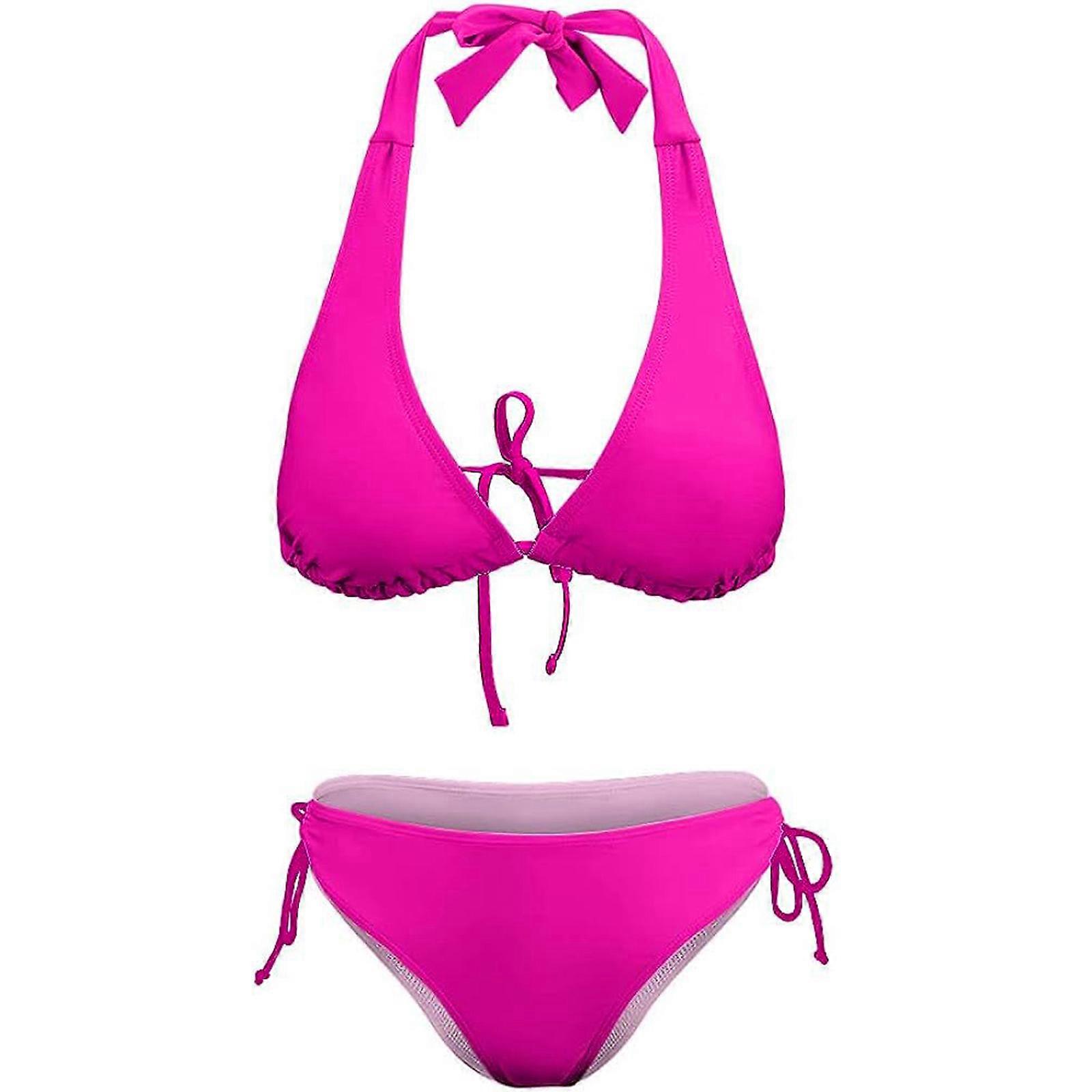 Kvinnor Tvådelad Mjuk Väska Högt skurna bikinis Set Sexig Snörning Baddräkt Set Stringtrosa Strandkläder Ensfärgat Strappy Badkläder rosa XL