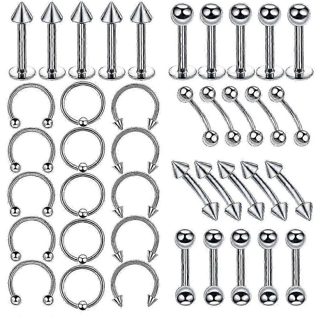 40pcs ثقب كيت مجوهرات الفولاذ المقاوم للصدأ الأنف الشفة اللسان حاجب الخواتم