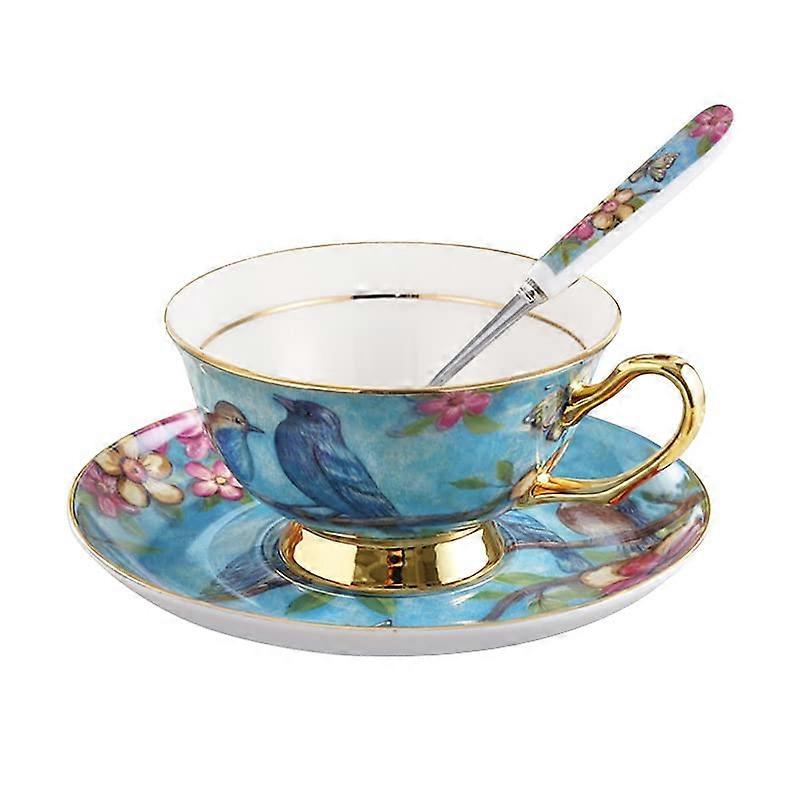 3 Piece Set Bone China Blue Bird Tea Cups for Cappuccino and Coffee 7oz with Elegant Design and Durable Material