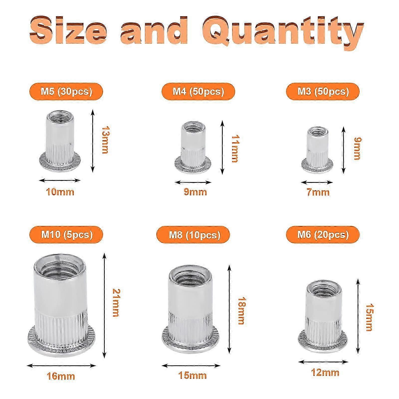 165PCS Stainless Rivet Nut Tool Flat Threaded Head(6 Types Nuts)