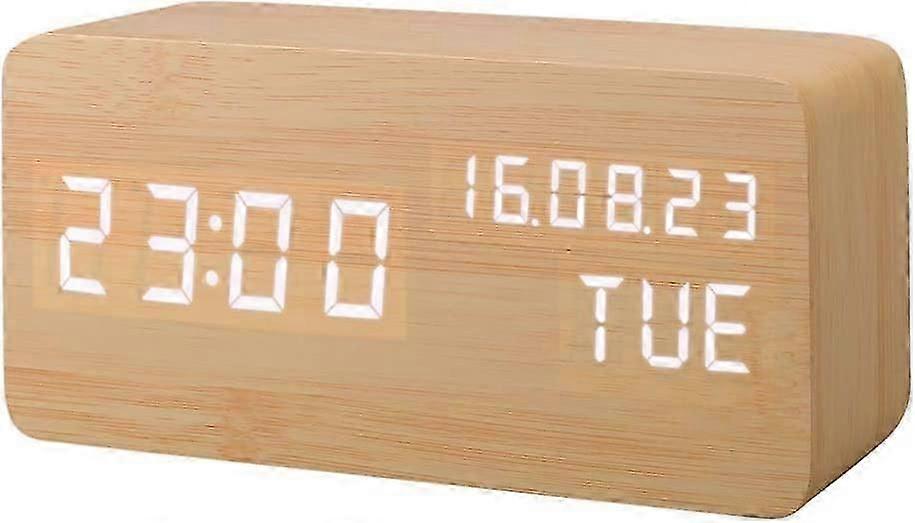 Artificial Wood LED Alarm Clock,Sound Activated Digital,with Temperature/Humidity/ Battery/USB Plug