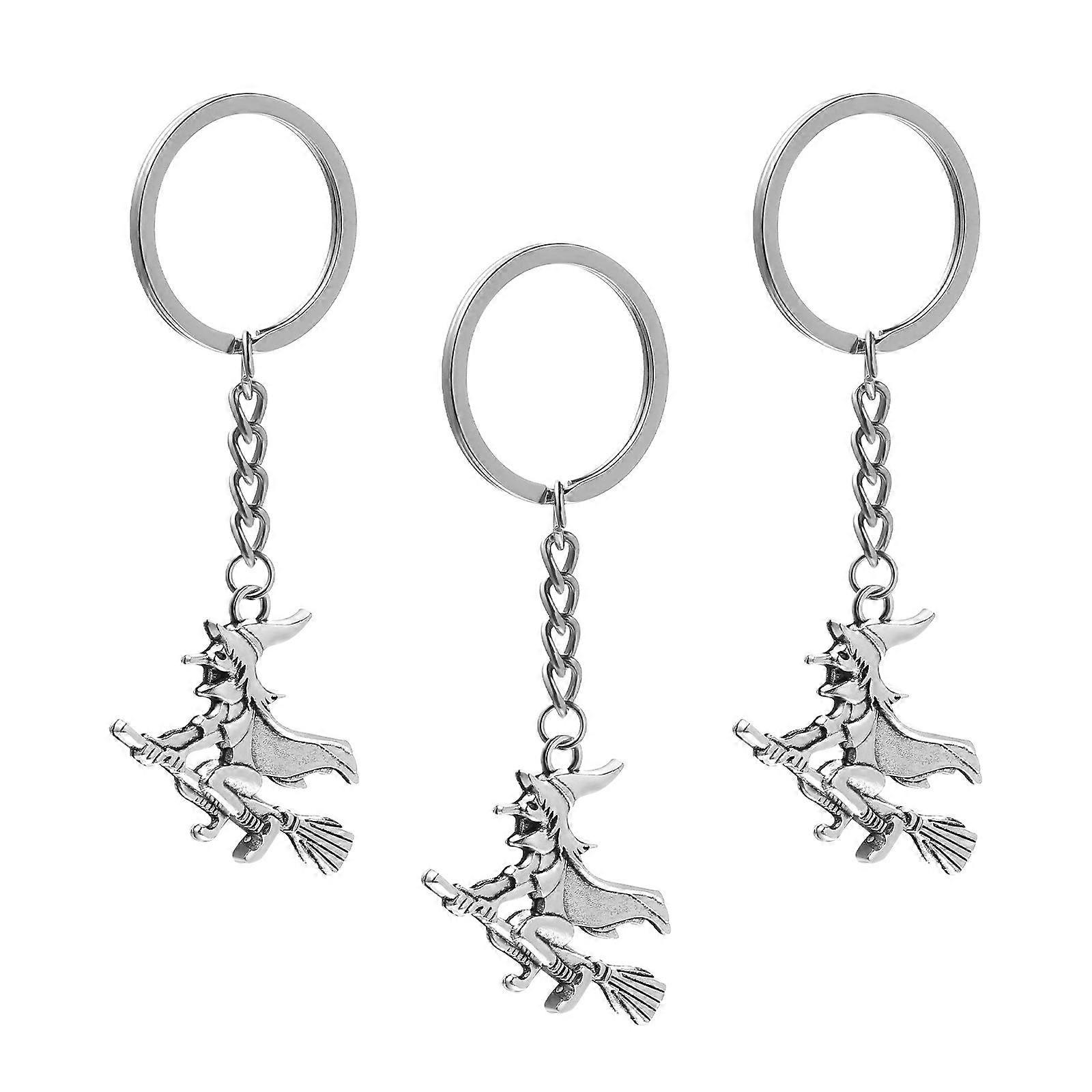3pcs Witch Key Chain Ornaments Halloween Witch on Broom Key Chain Pendant Unique Backpack Keychain