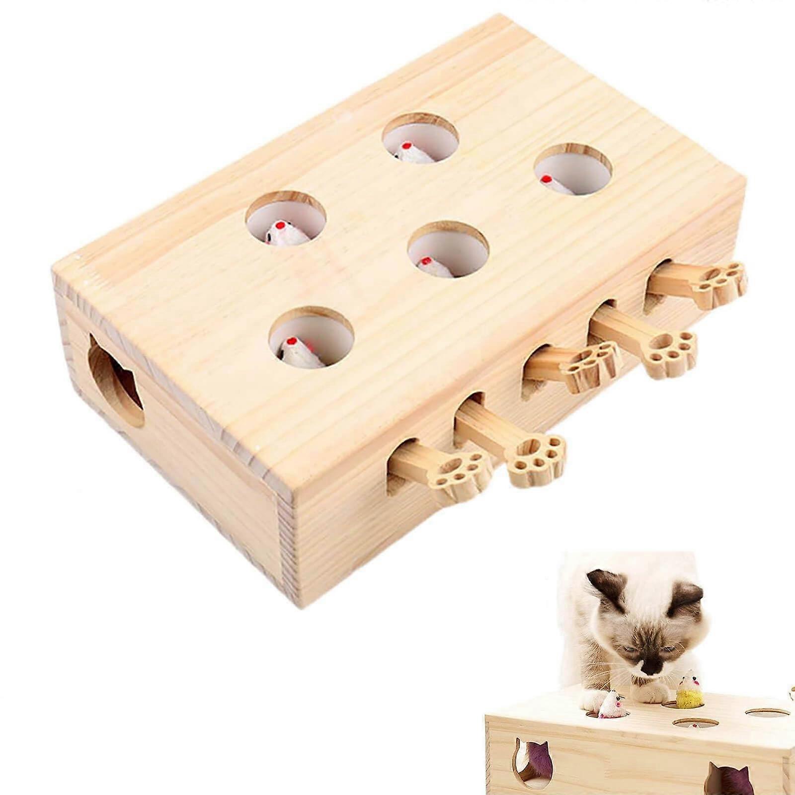 Whack a Mole Cat Toy, Interactive Indoor Cat Scratcher with 5 Holes, Solid Wood, Multi-Functional Pet Supplies