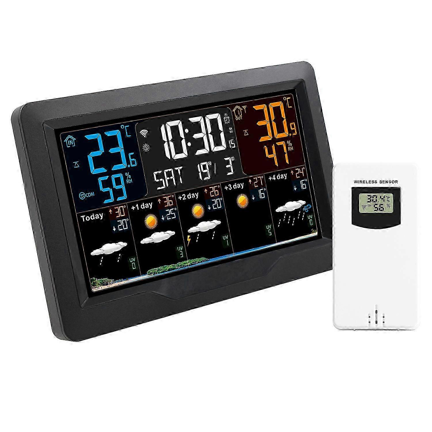 Smart WIFI Weather Station with Clock Indoor Outdoor Temp Humidity Large Color Screen EU Plug