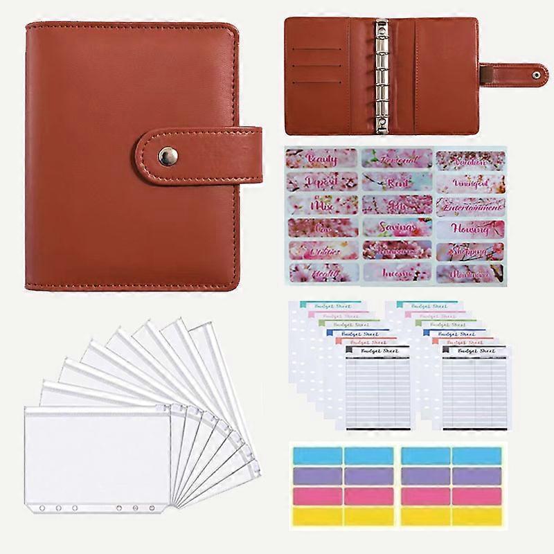 A7 brown PU leather notebook binder, 12 budget sheets, cash envelope system, savings management