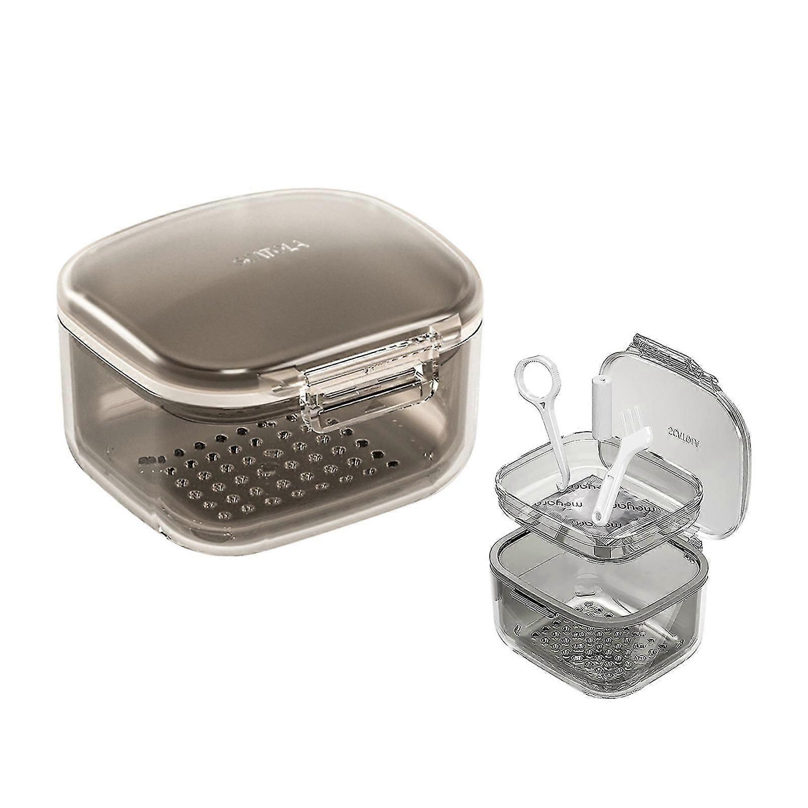 Dental Braces Storage Box Teeth Cleaning Case with Unique Drainage Layer and Accessories - Black Multi-function Portable Denture Bath Cup