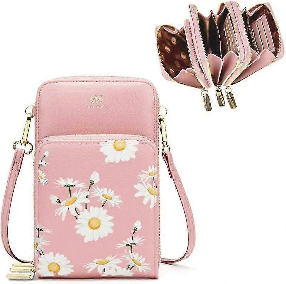 Women's Mini Crossbody Phone Bag - Pink Daisy Design Card Slots