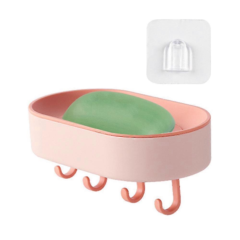 Hangable Soap Box Perforation-Free Bathroom Soap Storage Rack With Hooks-Pink