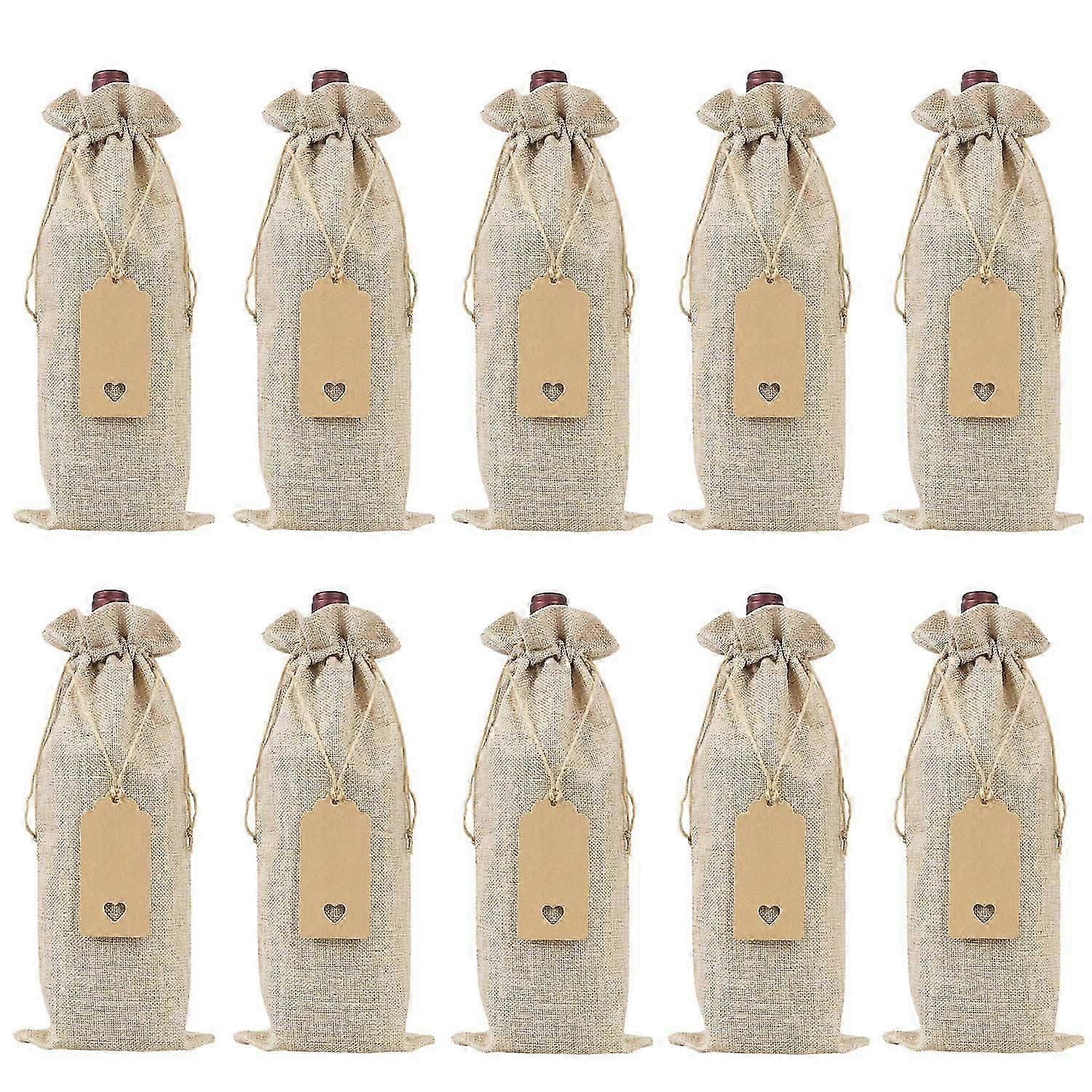Burlap Wine Bags Bags with Drawstrings, Single Reusable Wine Bottle Covers with Ropes and Tags (10