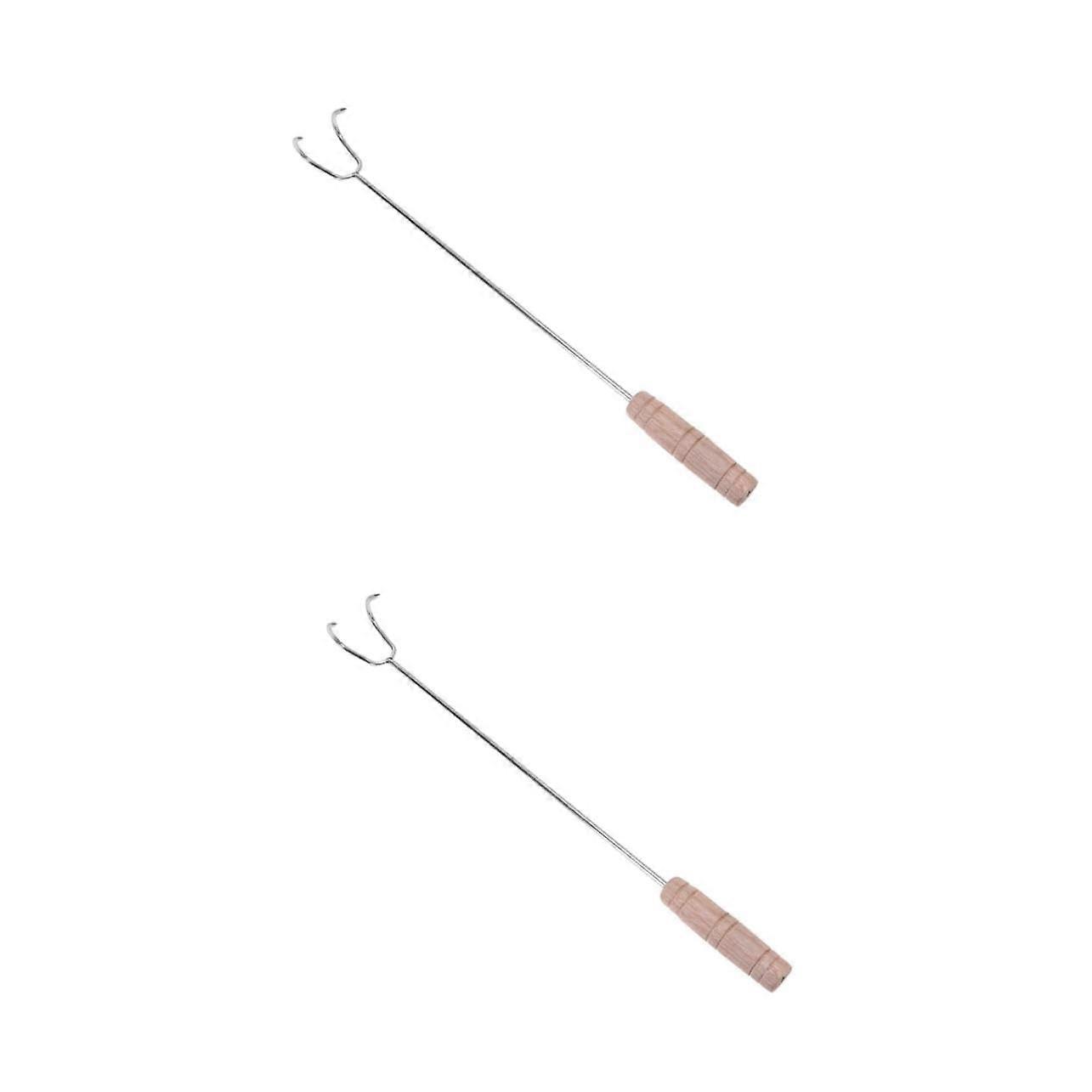 2pcs frying food f grill claws with wooden handle forks, cooking utensils Silver