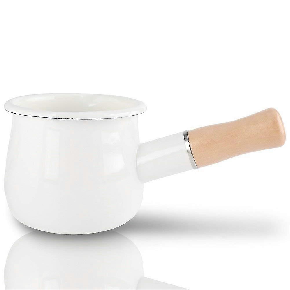 Enamel Milk Pan, Mini Butter Warmer 10 cm Enamel Pan Cookware with Wooden Handle, Size for Heating Smaller Liquid Portions (White)