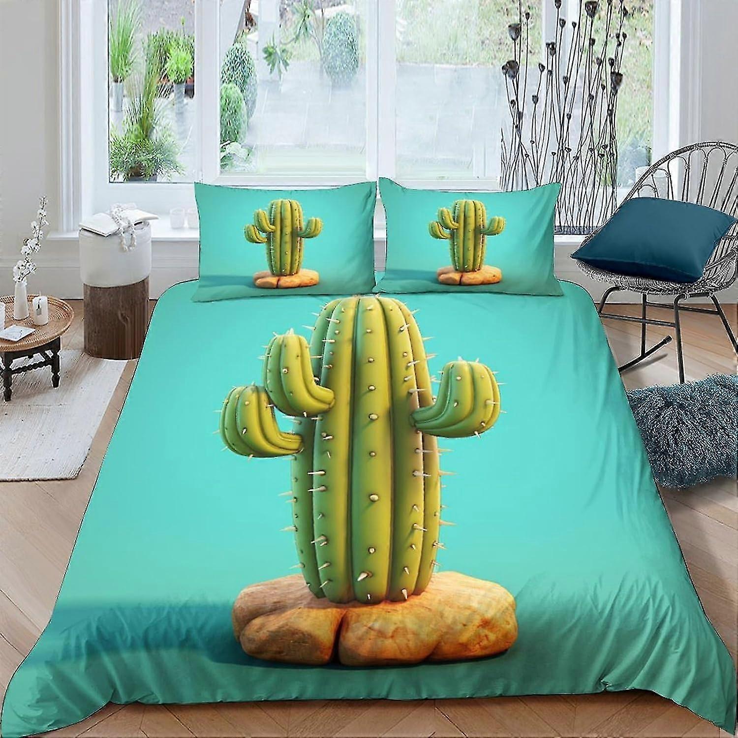 Cartoon Cactus Quilt Covers 3 Piece Set Hypoallergenic Soft Microfiber Duvet Cover Set One-sided Soft Easy Care Bedding Set with Matching Pi