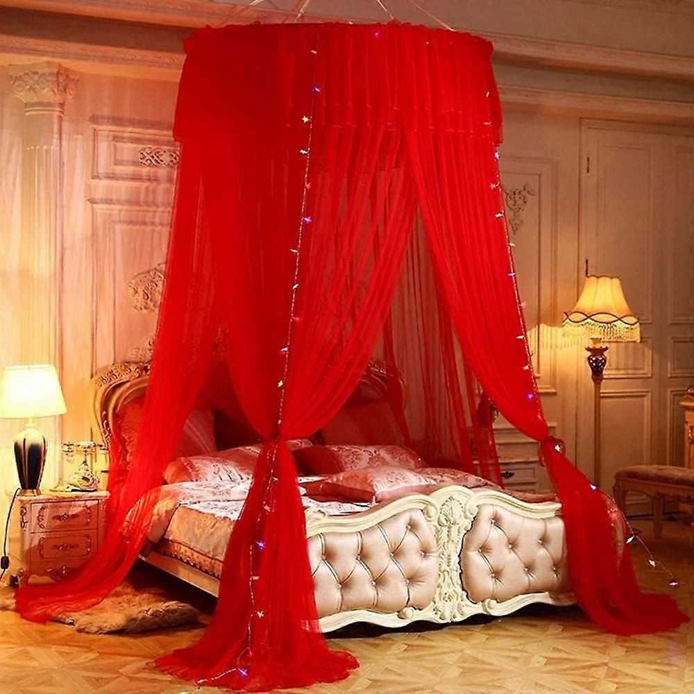 Mosquito Net Dome For Double Bed And Single Bed, Three-Door Lace Design, Red, Size 34 X 34 X 3 Cm Bedroom