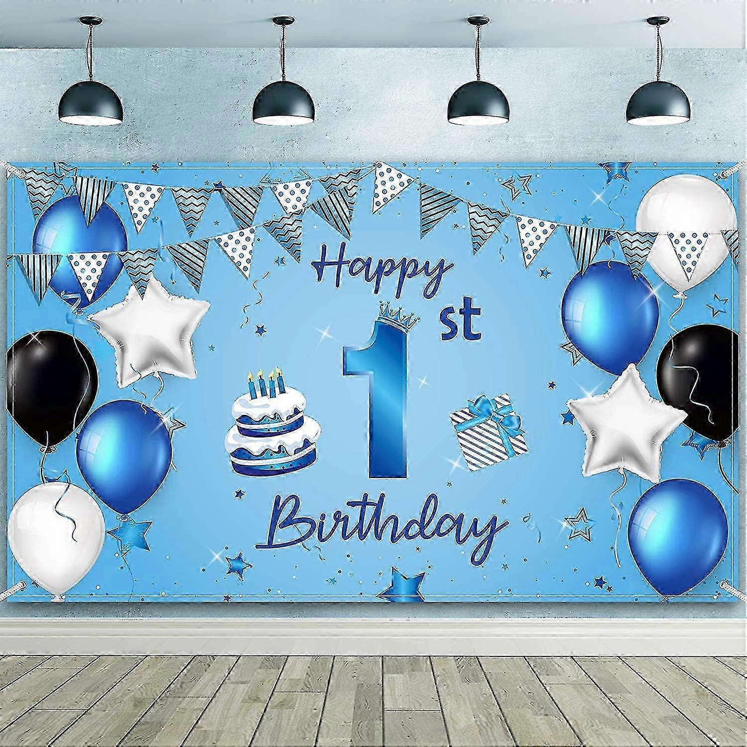 新生児の男の子のための青の1歳の誕生日おめでとう背景バナー、ベビーシャワーパーティーの装飾と1歳の誕生のための完璧な写真の背景