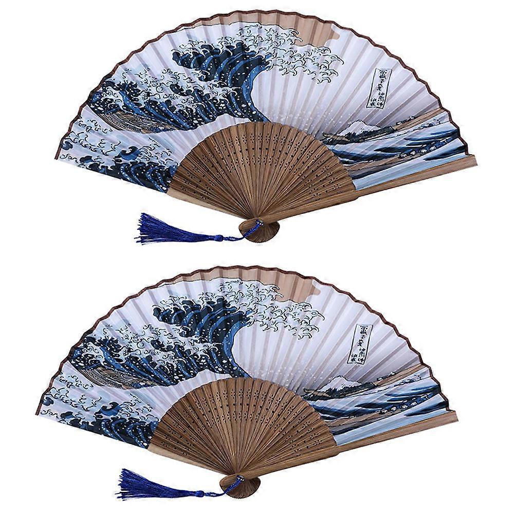 Japanese Folding Handheld Fan Ideal For Tea Party And Summer Use Blue 2Pcs 38x21cm