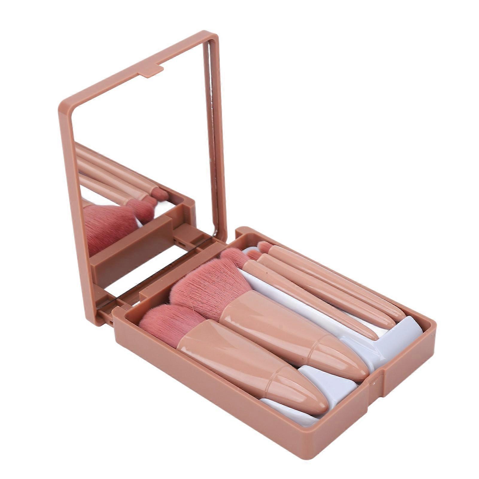 5 Pcs Portable Makeup Brush Set Fiber Soft Bristle Mini Foundation Brush Eyeshadow Brush with with Mirror Storage Box