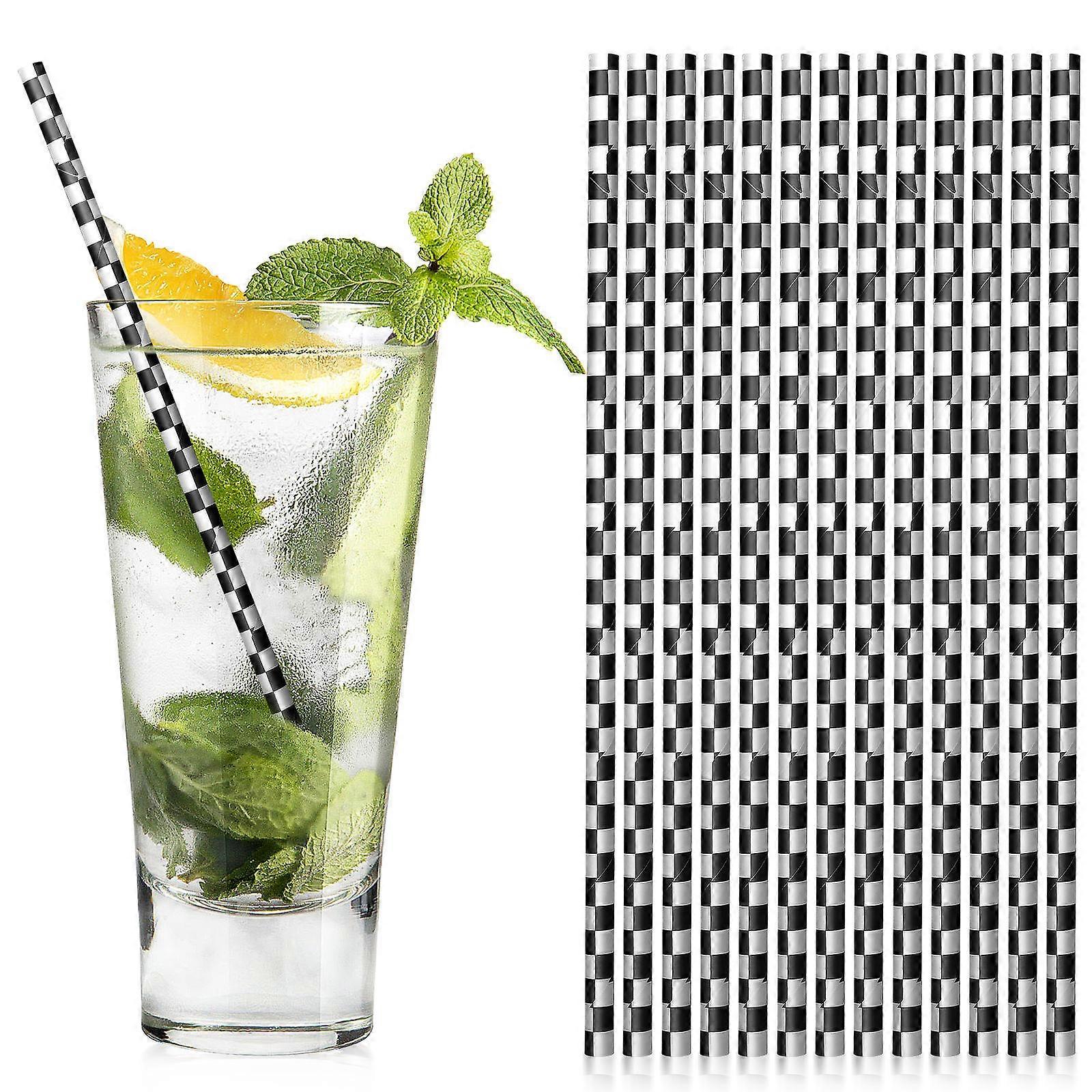 Checkered Paper Straws Pack of 100 – Race Party Decorations for Family Gatherings and Events – Decorative Juice Straws for Racing Car Themed
