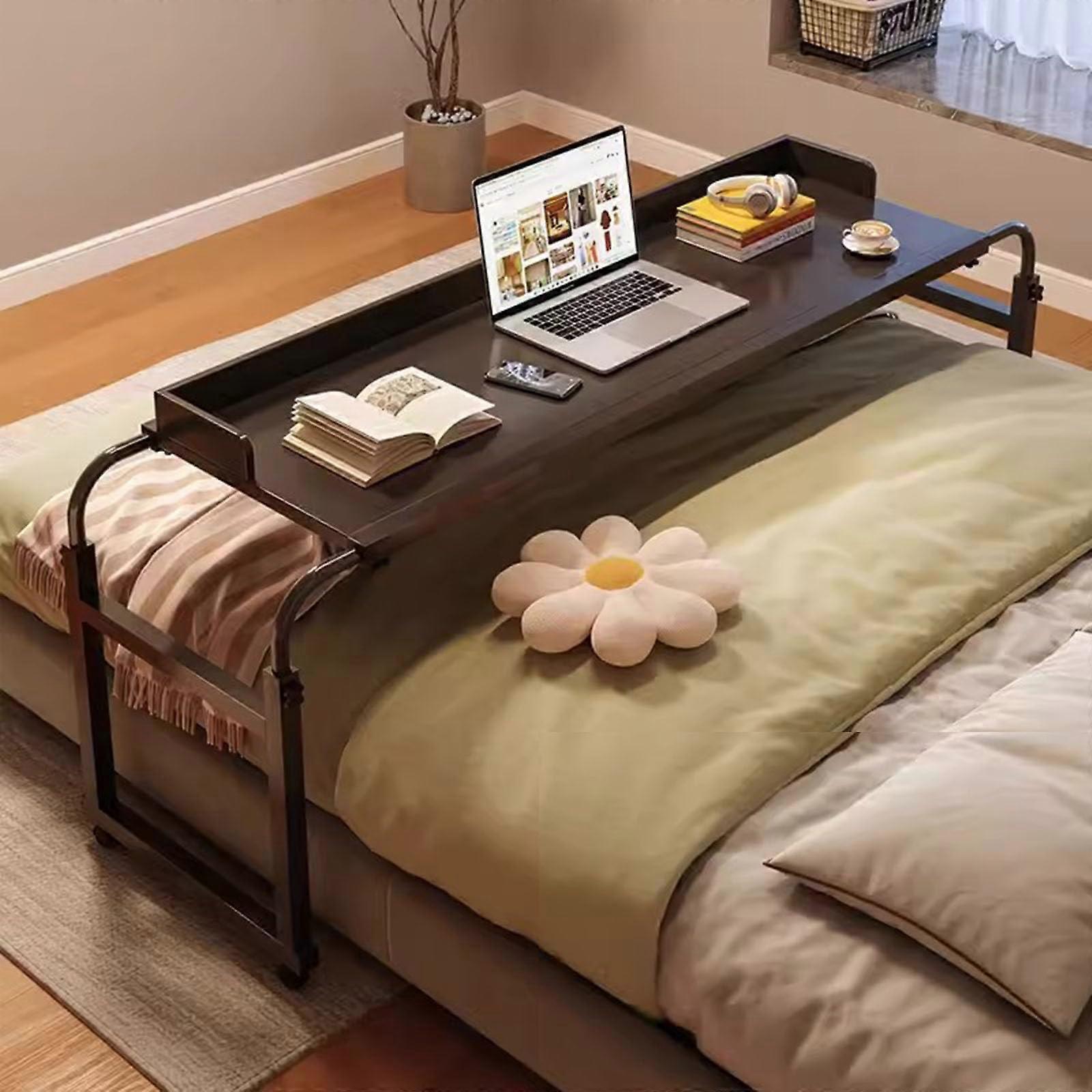 Computer workstation for overbed table, mobile, adjustable rolling desk with casters and tray, extendable, comfortable use and sleek black design