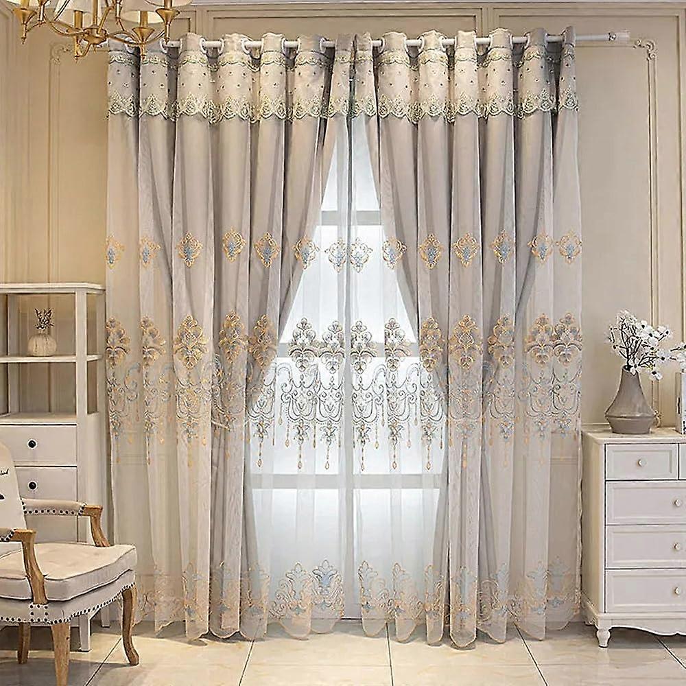1 Pair of European Curtains with Valance Attached Double Layer Curtains for Living Room Bedroom (Grey, 140 x 245 cm) Grey 140 x 245 cm